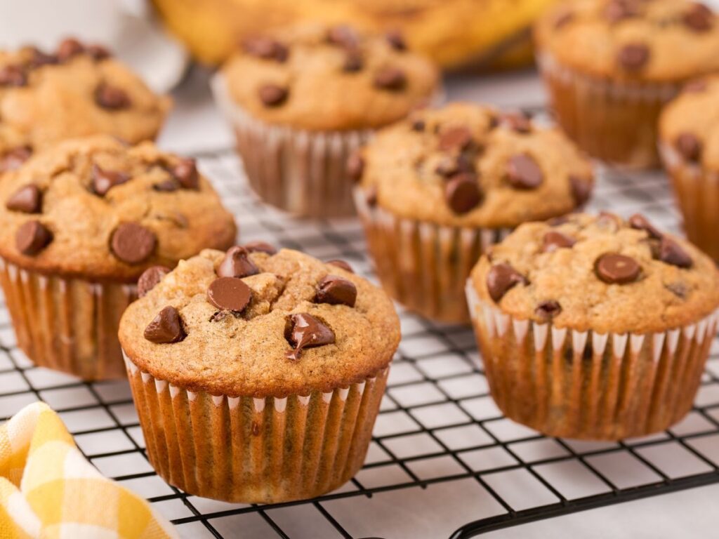Process photos showing how to make this muffin recipe with ripe banana and chocolate chips.
