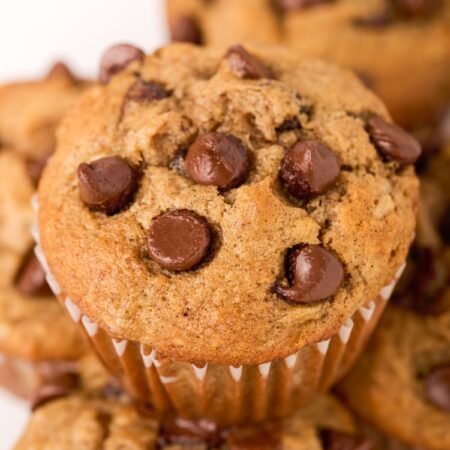 A close up picture of a muffin with chocolate on top.