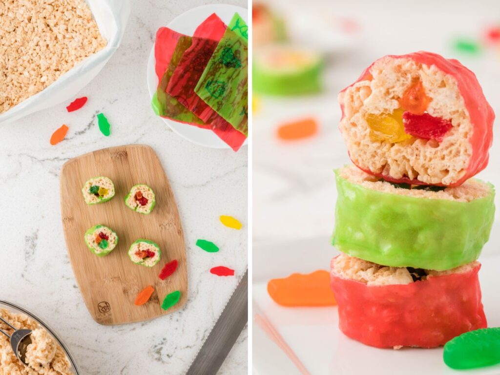 Process photos showing the step by step directions for making this candy sushi recipe.