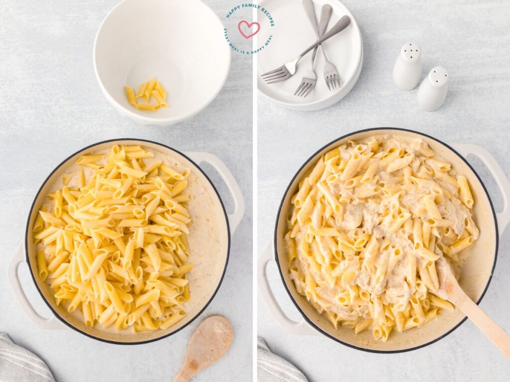 Process photos showing how to make this penne pasta recipe.