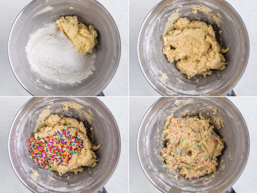 Process photo collage showing how to make this cookie recipe with sprinkles.