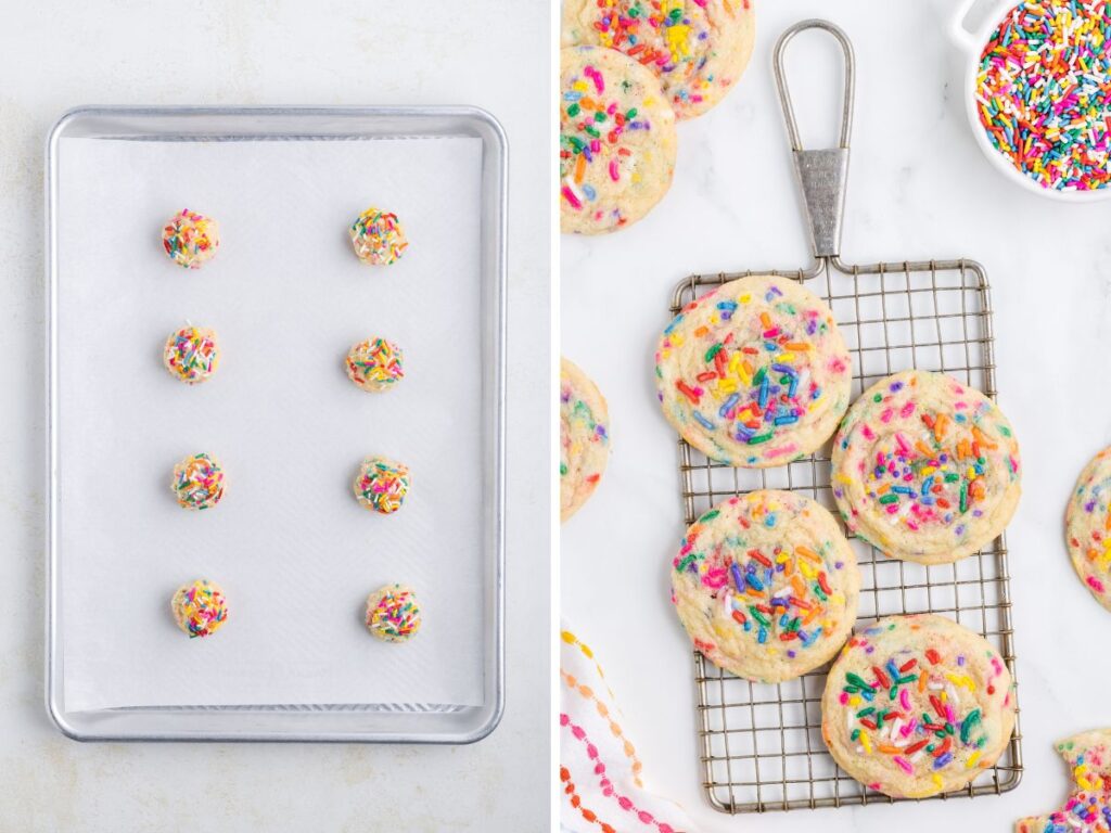 Process photo collage showing how to make this cookie recipe with sprinkles.