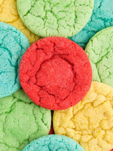 Overhead shot of cookies that are all different colors.