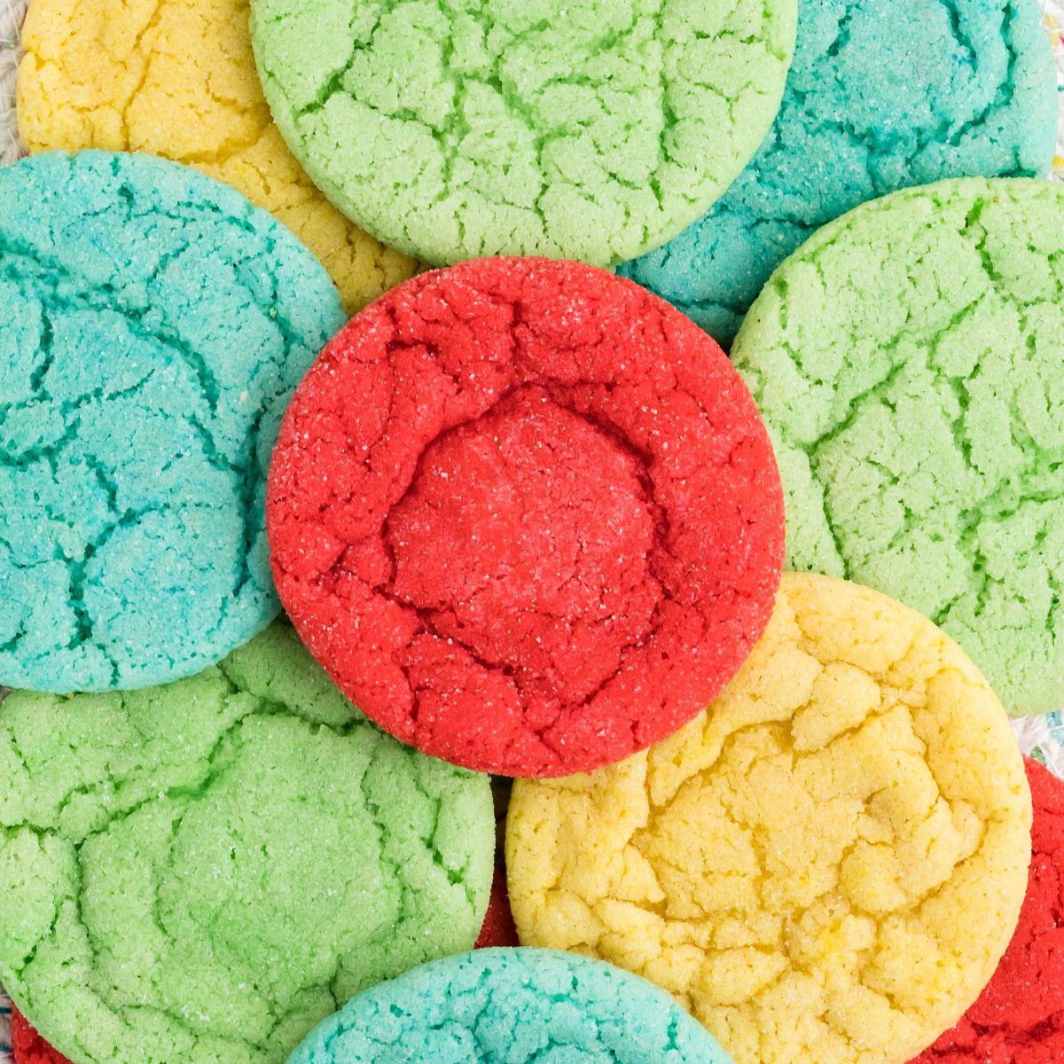 Overhead shot of cookies that are all different colors.