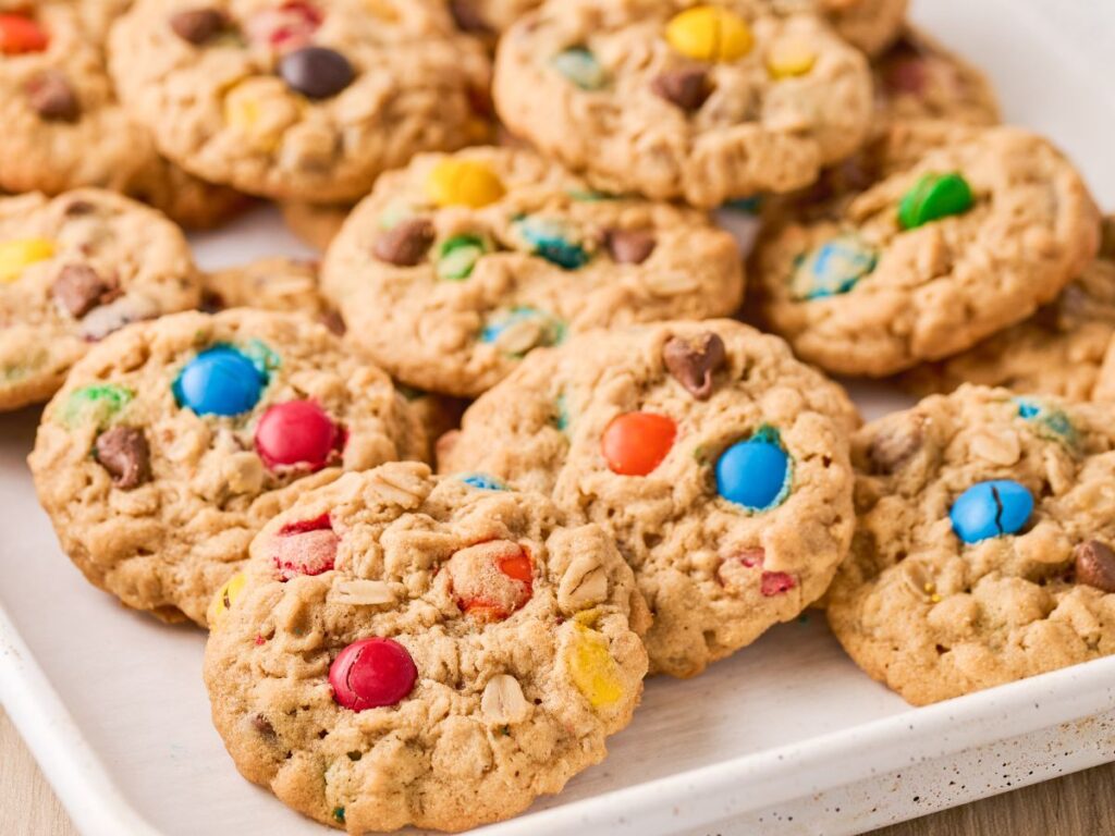 A tray of cookies with colorful m&m's on them. 