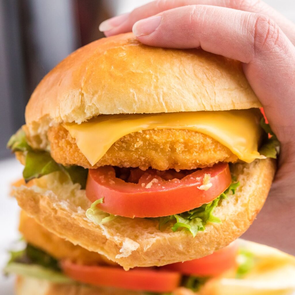A hand holding a chicken sandwich with toppings on it. 