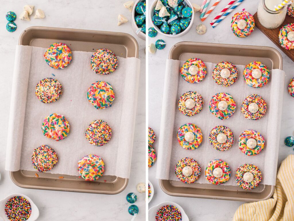Process photos showing how to make this easy cake mix cookie recipe with kisses.