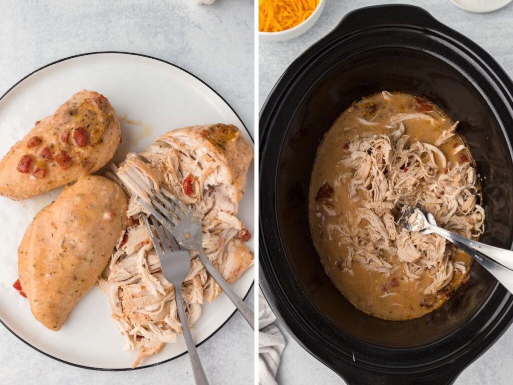 Process photos showing how to make this crockpot recipe with chicken and pasta.