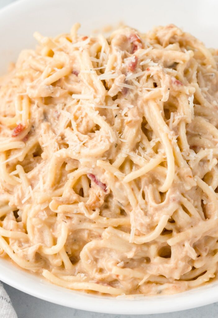 A serving of this cheesy pasta made in the crockpot. 
