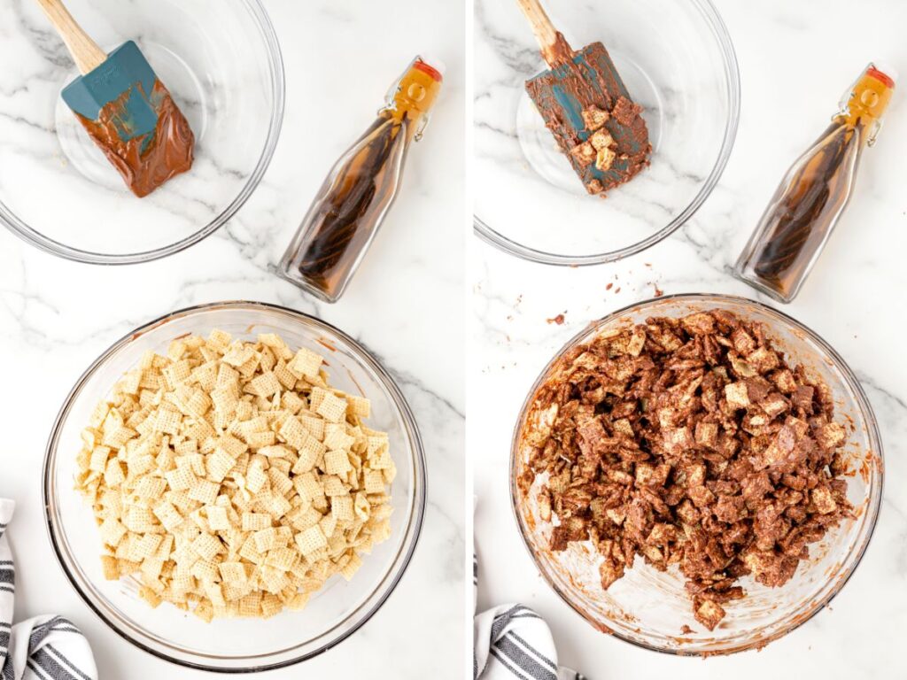 process photos showing how to make this chex mix recipe.