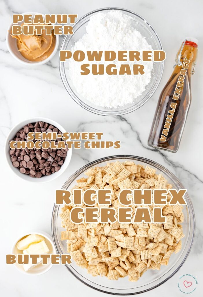 Labeled ingredients for this chex mix recipe. 