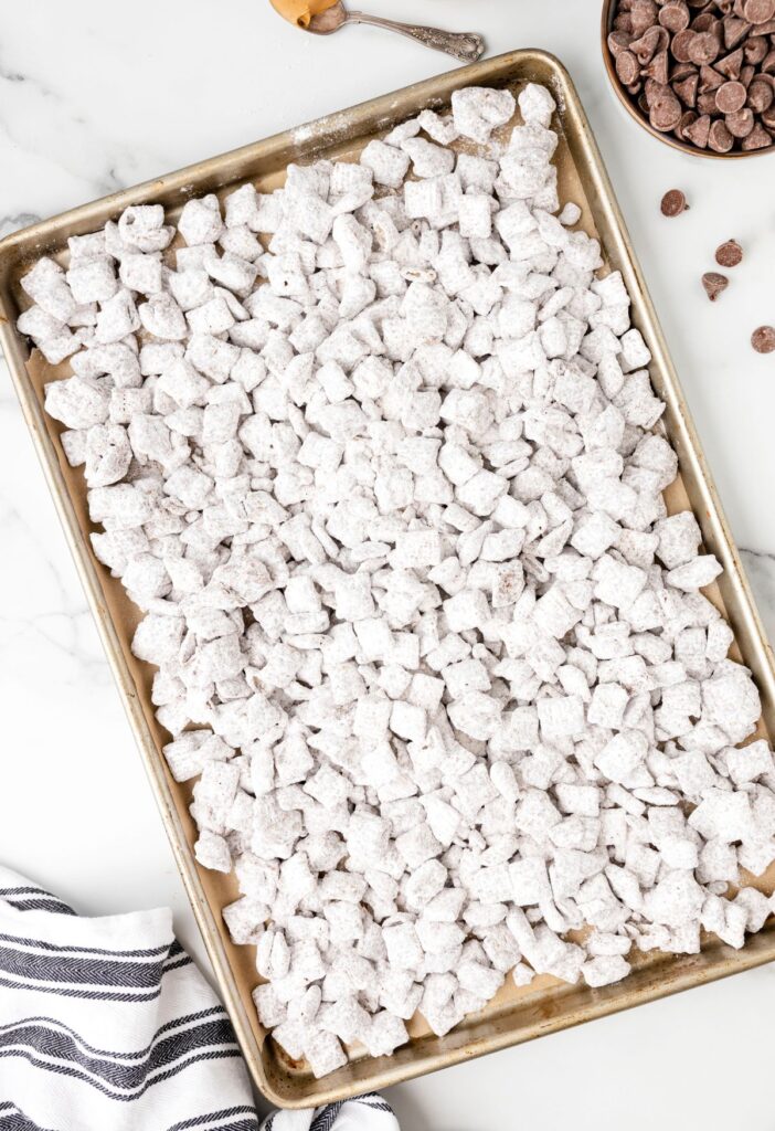 Overhead shot of the tray of puppy chow snack mix. 