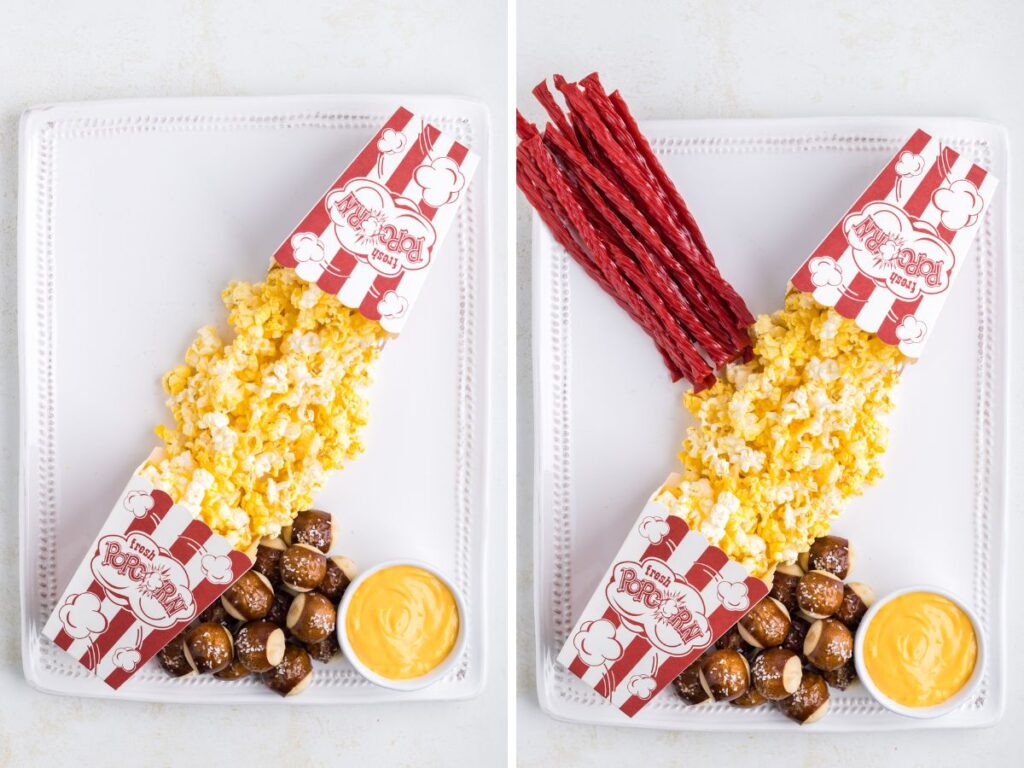 How to put together a movie snack board with candy and popcorn. 