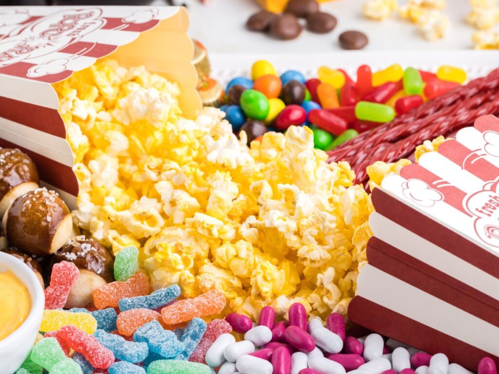 How to put together a movie snack board with candy and popcorn.