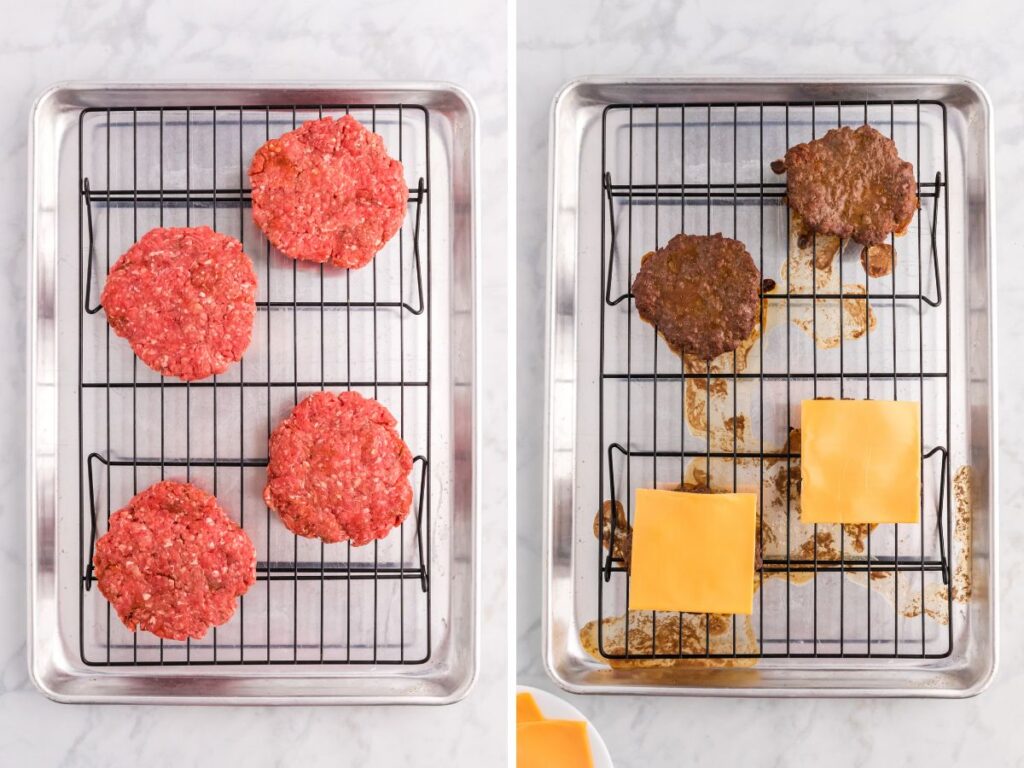 Process photo directions showing how to make burgers in the oven.