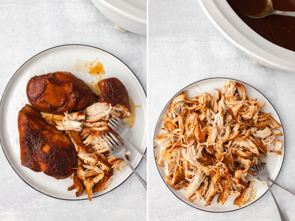 Process photos showing how to make this bbq chicken in the crockpot.