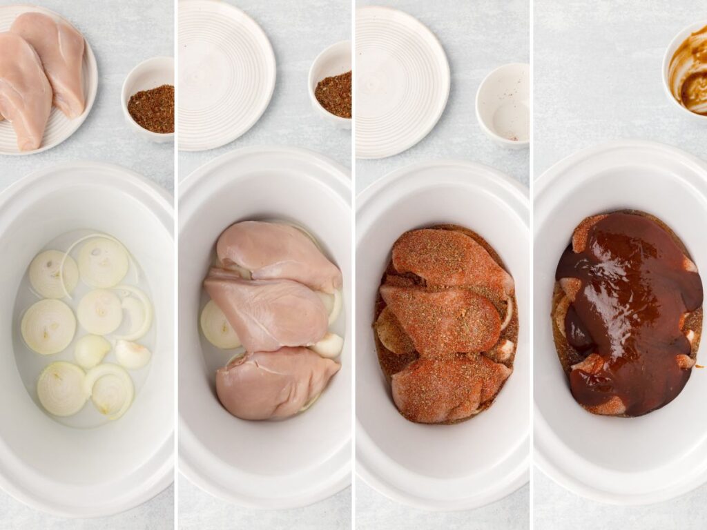 Process photos showing how to make this bbq chicken in the crockpot. 