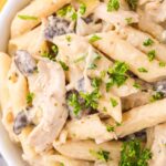 Close up of the chicken pasta with a creamy sauce.