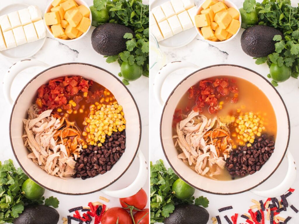 Process photos showing how to make this easy enchilada soup recipe with chicken. 