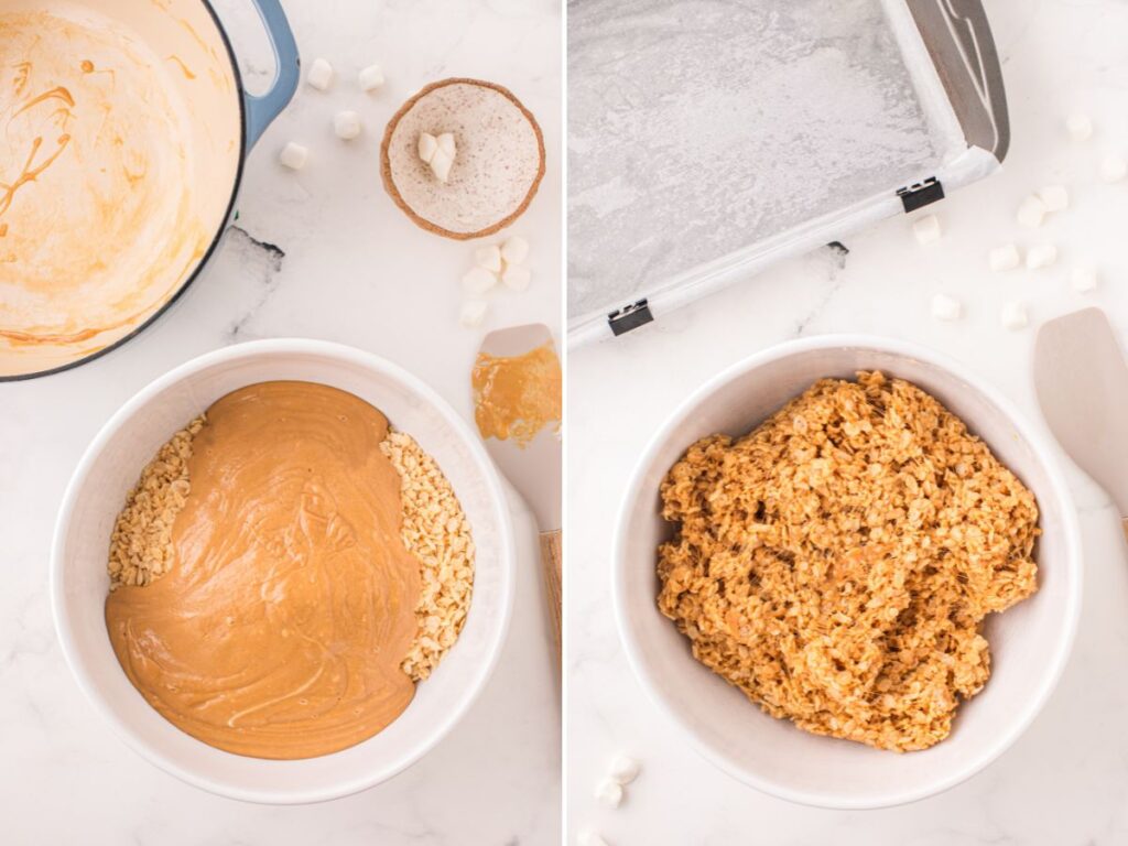 Process photos showing how to make this krispie treat recipe.