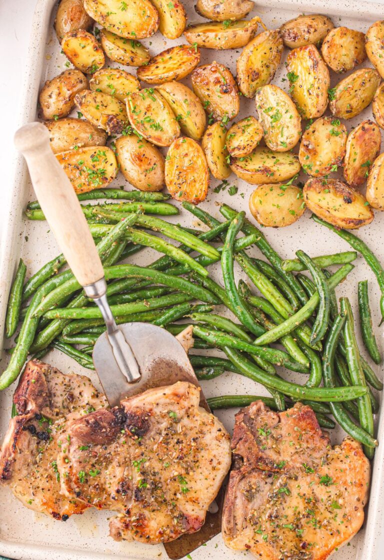 Pork Chops Sheet Pan Dinner (With Potatoes and Green Beans)