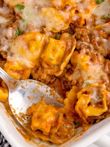 Overhead pic of a casserole with pasta and cheese.