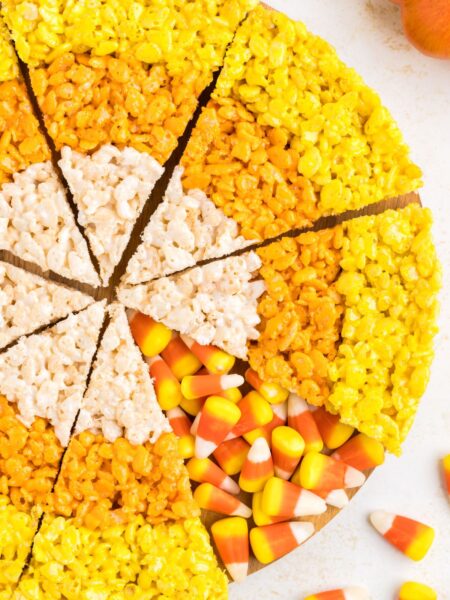 A circle of cereal treats that look like candy corn