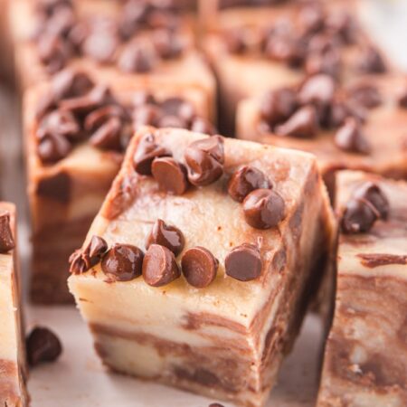 A piece of fudge propped up against another one with chocolate chips.