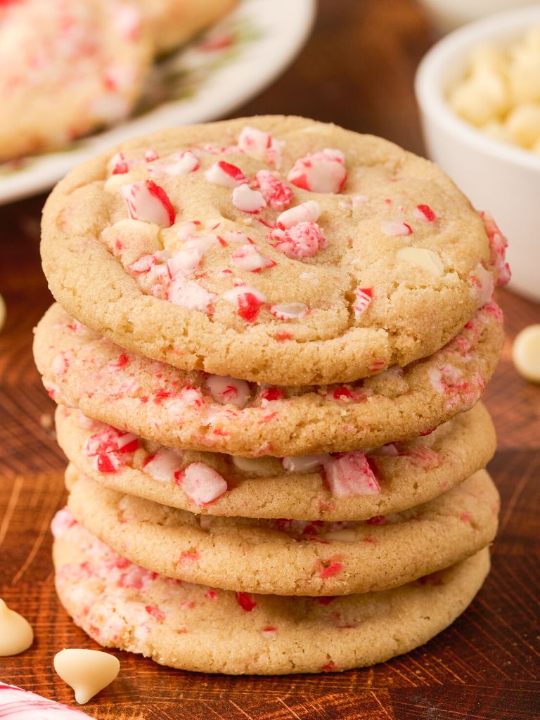 Stack of cookies with candy canes. 