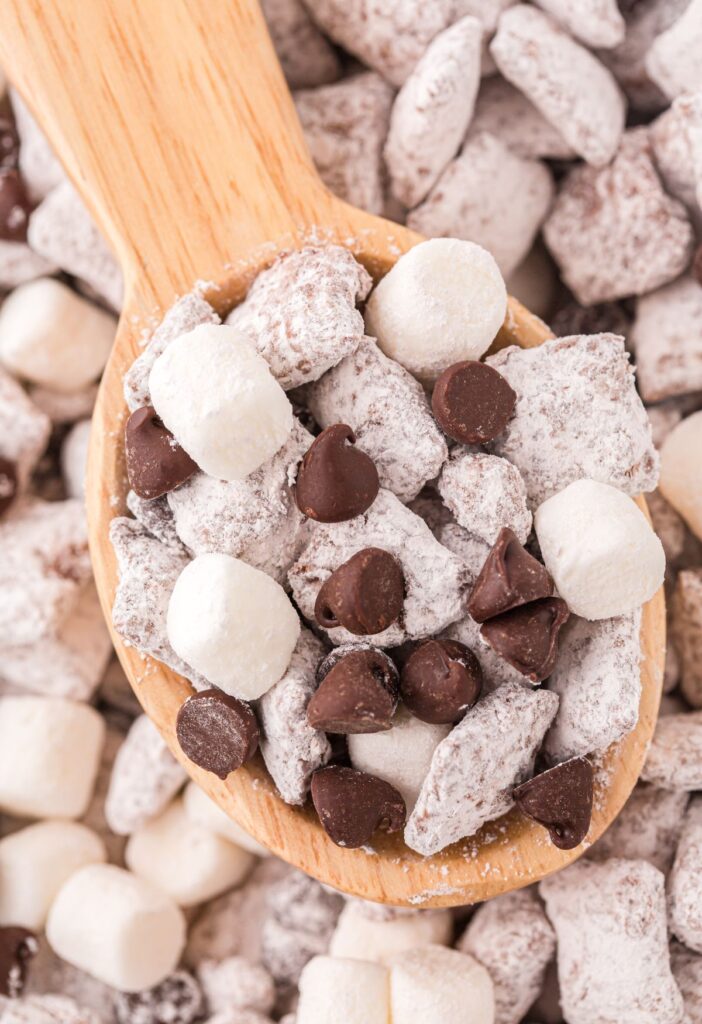 A wooden spoon with some muddy buddies in it, showing it up close in the picture.