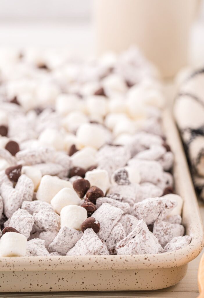 Muddy Buddies inside a sheet pan