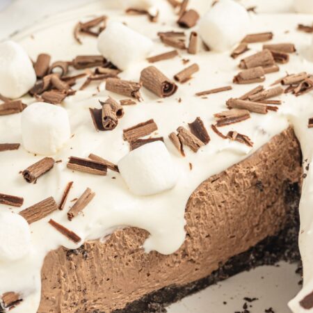 Side view of the cream pie with hot cocoa.