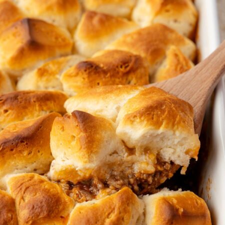 A biscuit topped sloppy Joe casserole