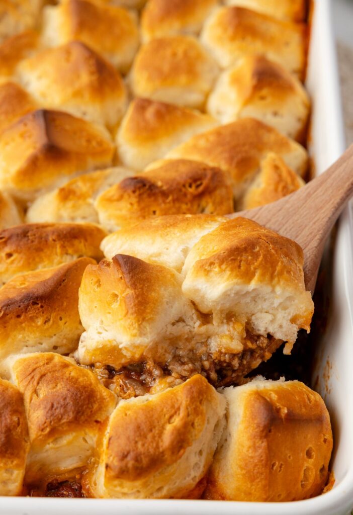 A biscuit topped sloppy Joe casserole